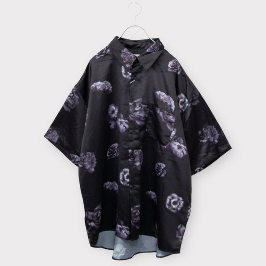 Timely Warning Flower Print Satin Short Sleeve Shirt BLACK