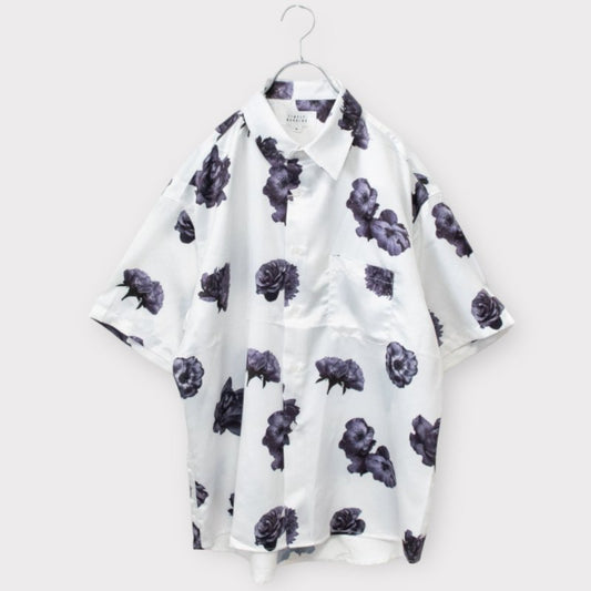 Timely Warning Flower Print Satin Short Sleeve Shirt WHITE