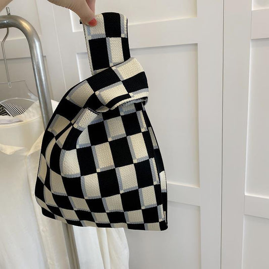 All-over knit mini tote bag checkered black