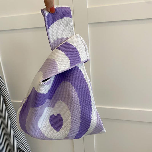 All-over knit mini tote bag in heart pattern PURPLE