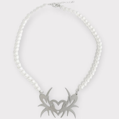 Tribal Heart Pearl Bead Necklace SILVER