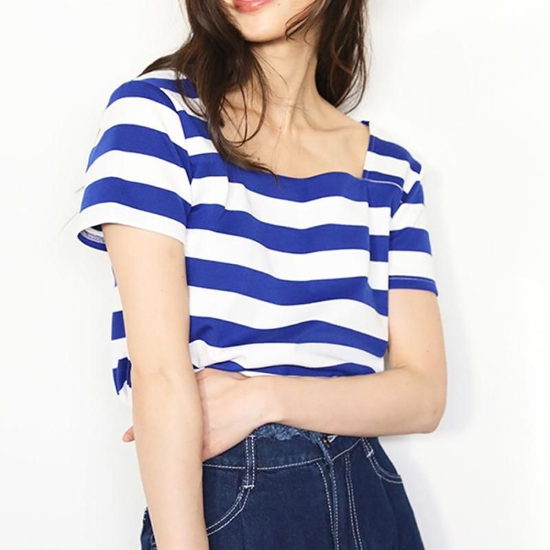 ボーダー スクエア トップ BLUE/WHITE