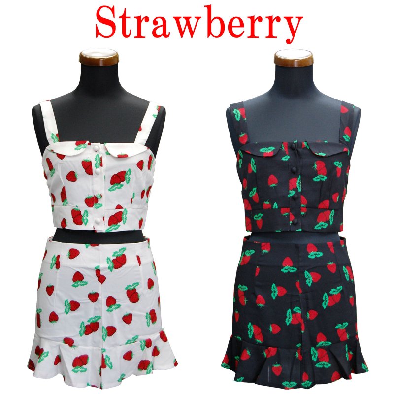 Strawberry all-over print bustier and skirt set up BLACK WHITE