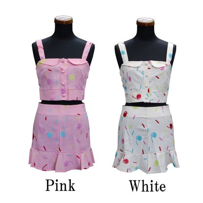 Colorful cherry all-over print bustier and skirt set up PINK WHITE