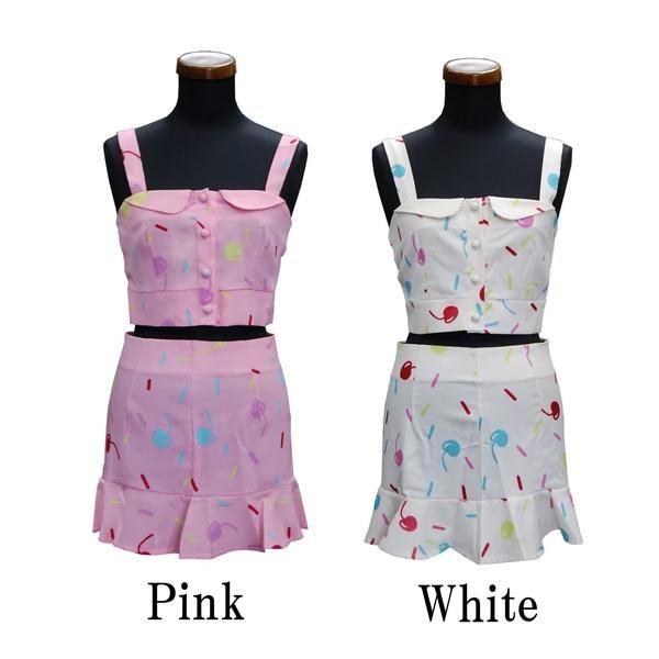 カラフルチェリー 総柄 ビスチェ スカート セットアップ PINK WHITE