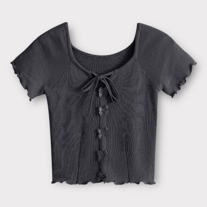 Satin Ribbon Mellow Knit Top BLACK