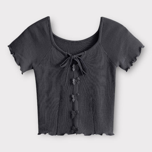 Satin Ribbon Mellow Knit Top BLACK