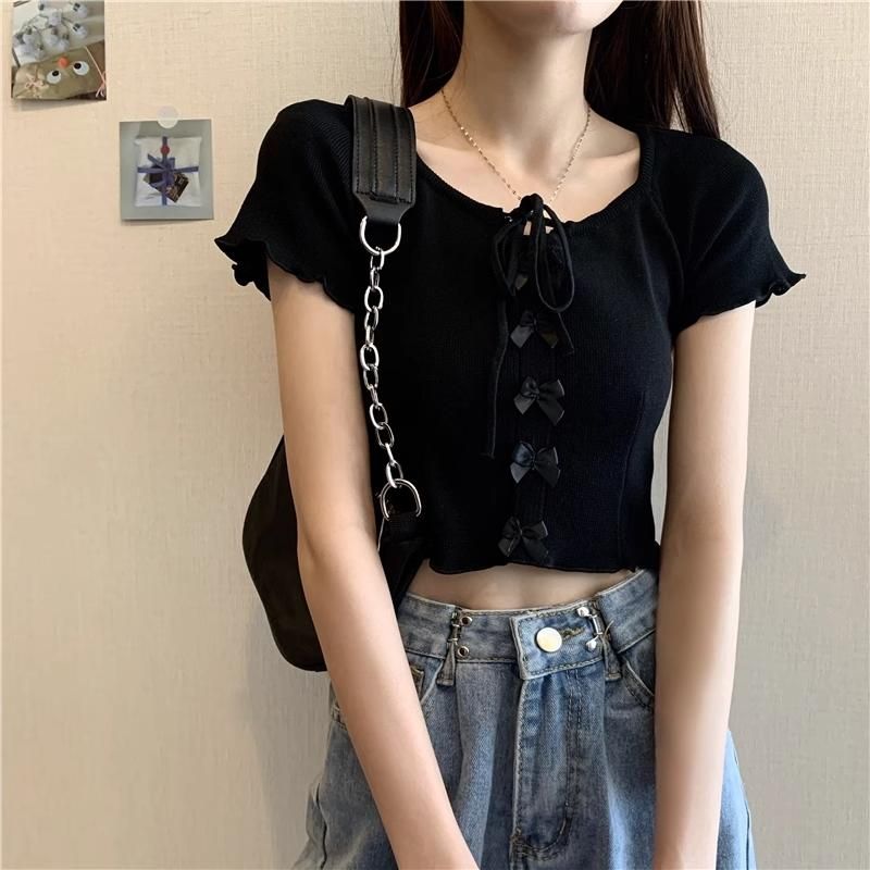 サテンリボン メローニット トップス BLACK