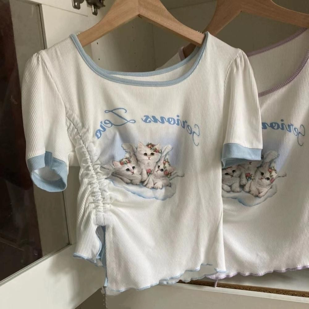 KITTY 子猫プリント アシメデザイン リブトップ WHITE