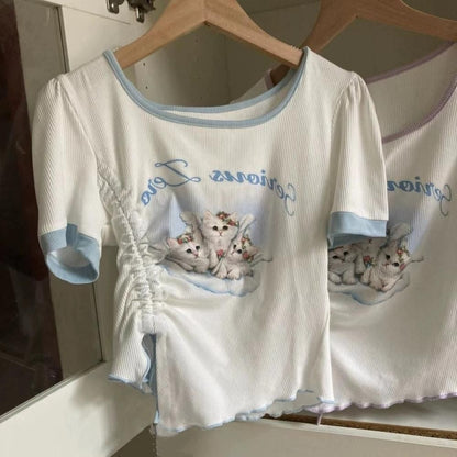 KITTY 子猫プリント アシメデザイン リブトップ WHITE