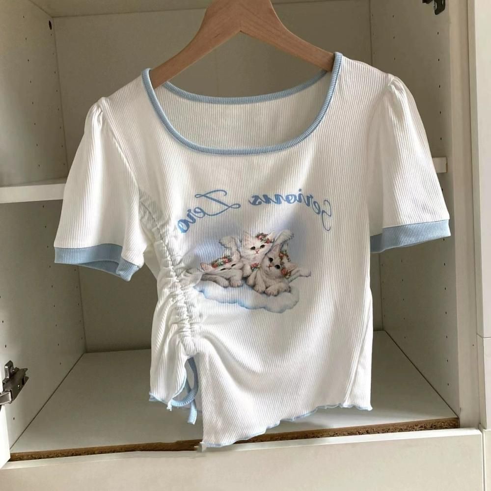 KITTY 子猫プリント アシメデザイン リブトップ WHITE