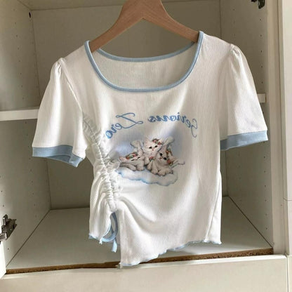 KITTY 子猫プリント アシメデザイン リブトップ WHITE