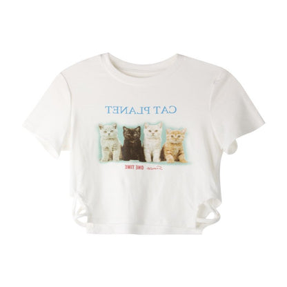 KITTY CAT Side Open Print T-shirt WHITE