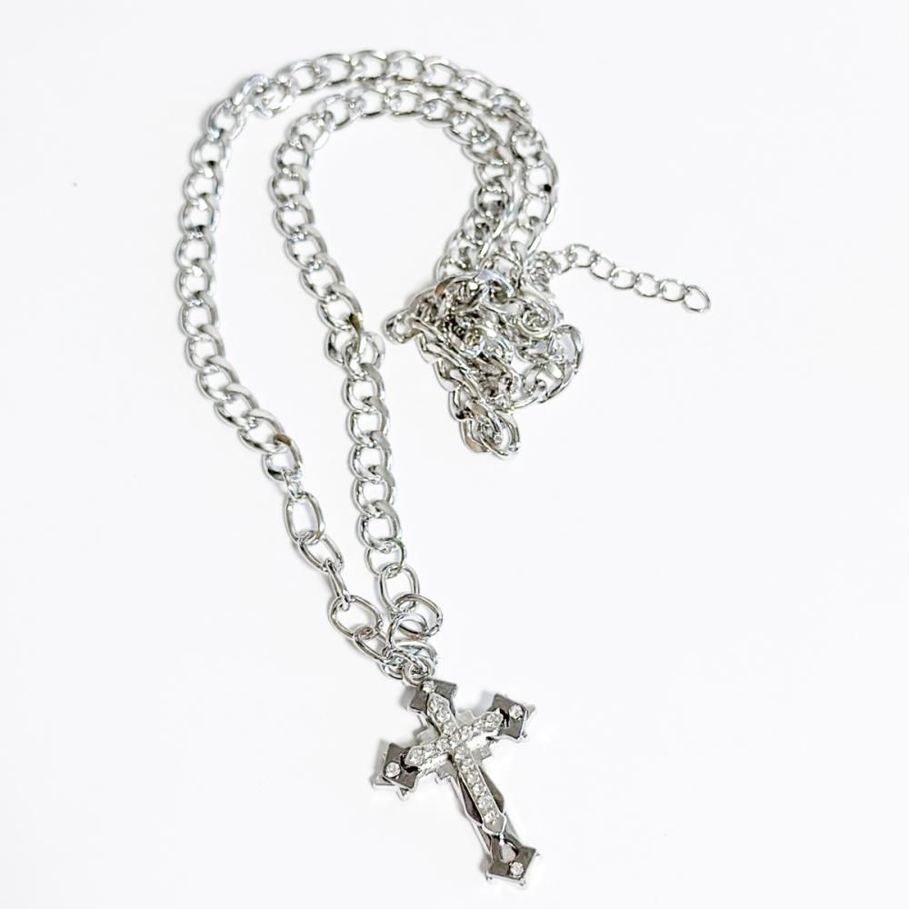 CROSS ラインストーン チェーンネックレス SILVER