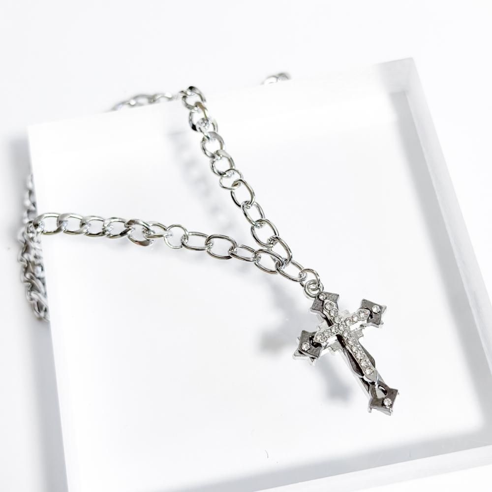 CROSS ラインストーン チェーンネックレス SILVER