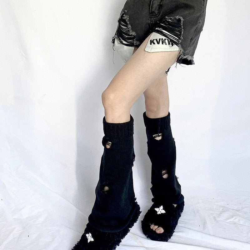 54cm Leg Cover Distressed Leg Warmers BLACK