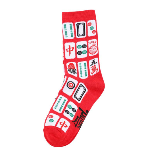 Mahjong tile all-over logo ribbed crew socks RED