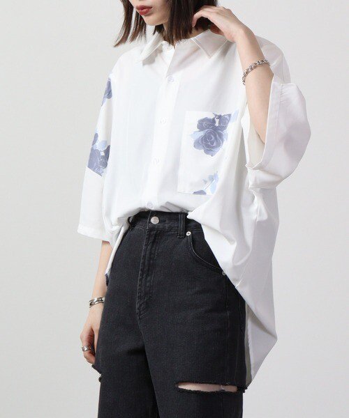 ■CONTRIBE Dolman Stripe Switching Shirt Flower WHITE