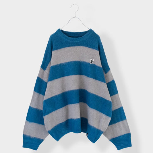 Play Boy Loves SEQUENZ Mohair-like Wide Border Knit GRAY BLUE