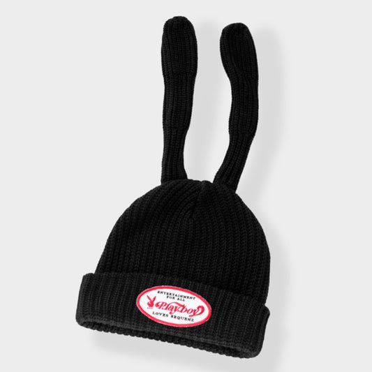 Play Boy Loves SEQUENZ Bunny Beanie Rabbit Ears Knit Hat BLACK
