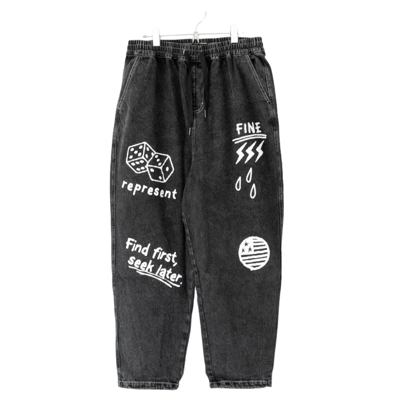 ケミカル加工デニム ラフガキ プリント パンツ BLACK［SALE］