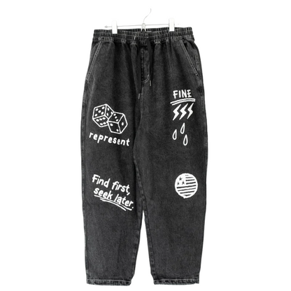 Chemically processed denim rough print pants BLACK