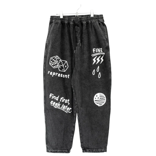 ケミカル加工デニム ラフガキ プリント パンツ BLACK［SALE］