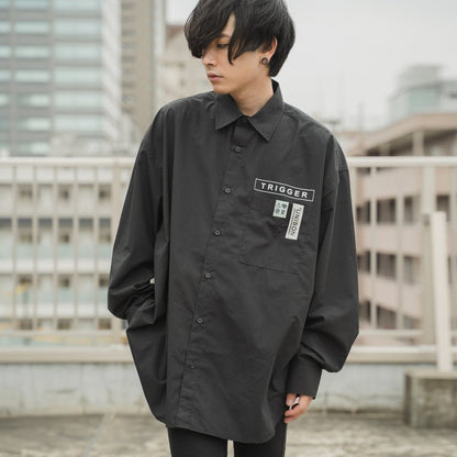 BIGシルエット パッチ 長袖 ブロードシャツ BLACK