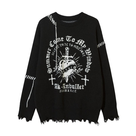 Corazon Cross Distressed Knit Sweater BLACK