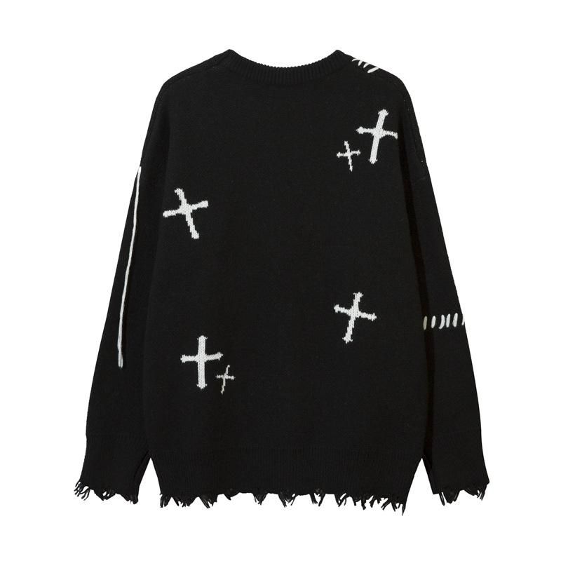Corazon クロス ダメージ加工 ニットセーター BLACK