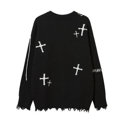 Corazon クロス ダメージ加工 ニットセーター BLACK