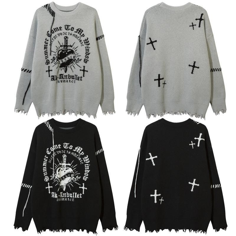Corazon クロス ダメージ加工 ニットセーター BLACK