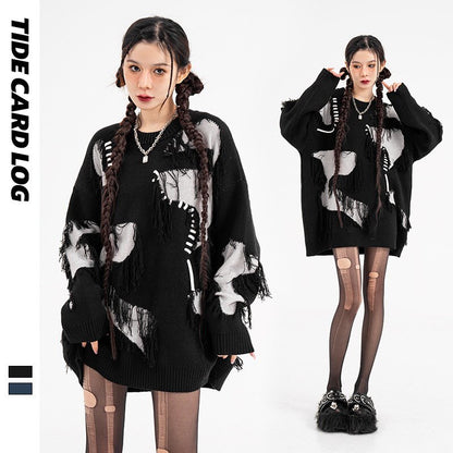 STITCH ステッチ加工 ダメージ ニット プルオーバートップ BLACK