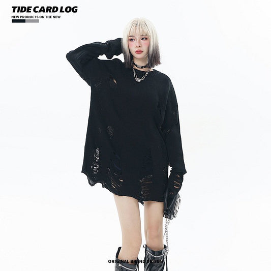 TIDE CARD LOG Distressed Light Knit Sweater BLACK