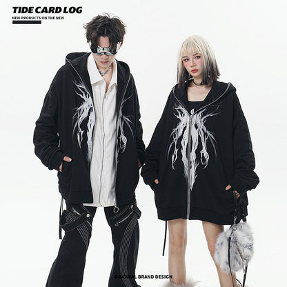 DEVIL PRINT FULL ZIP UP HOODIE PARKA BLACK