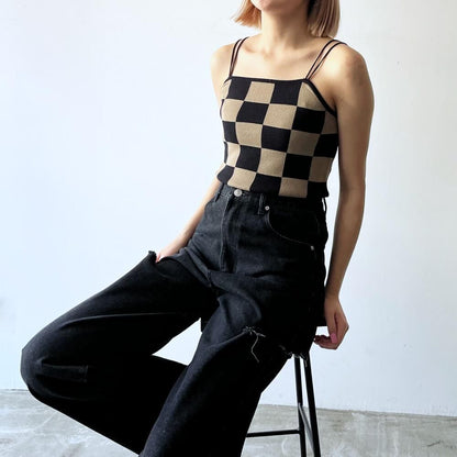 sourire ニット ブロックチェック キャミソール BLACK BROWN