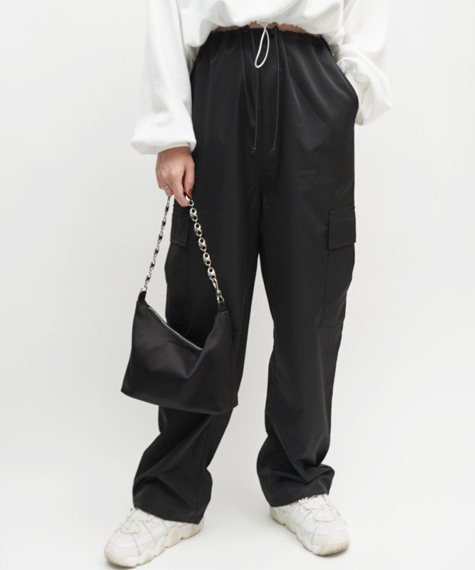 Plain polyester twill cargo pants BLACK