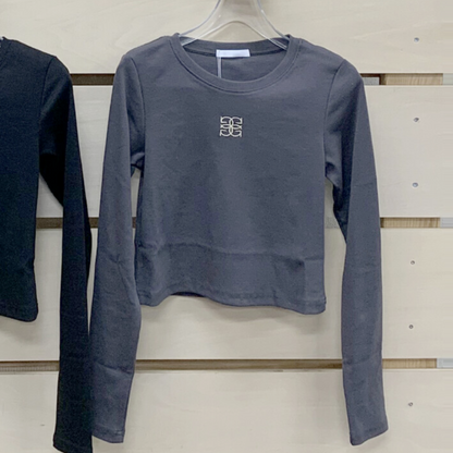 ロゴ 刺しゅう テレコ素材 チビ Tシャツ CHARCOAL