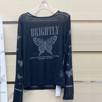 バタフライ 蝶々 チュールシースルー プルオーバー トップス BLACK