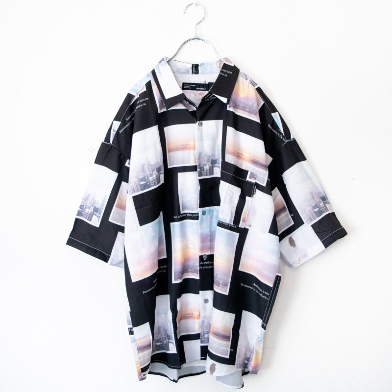 Cool to the touch, silky smooth touch, loose size, all-over print, short-sleeved shirt, color photo, BLACK