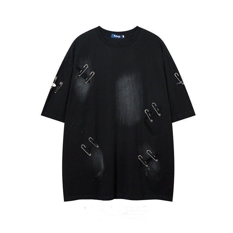 ダメージ加工 安全ピン 半袖Tシャツ BLACK