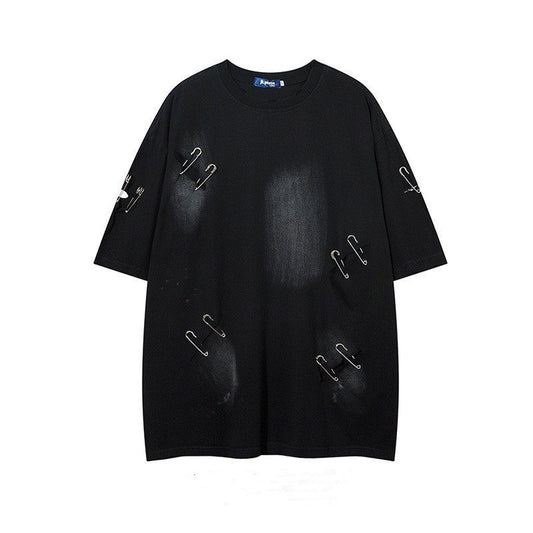 Distressed safety pin short sleeve T-shirt BLACK