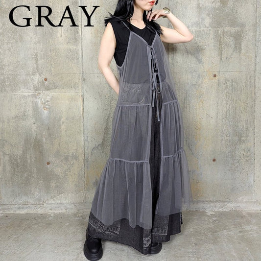 RooM404 Sheer Tulle Long Vest Dress GRAY