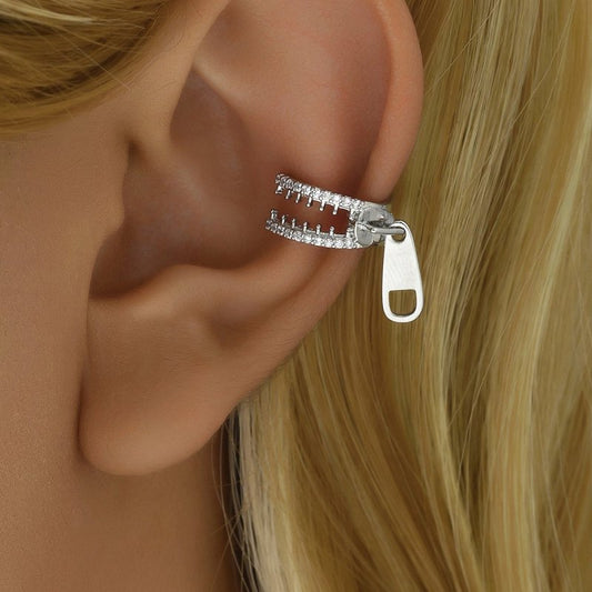 Zipper Rhinestone Ear Cuff Silver