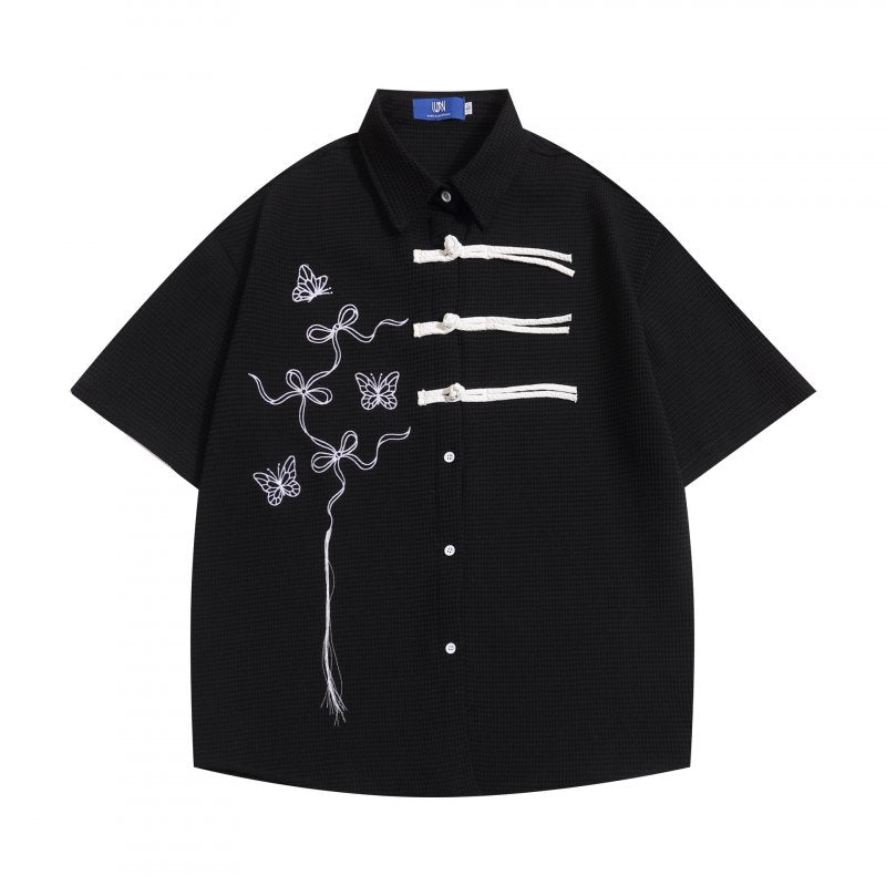 China Button Waffle Shirt BLACK