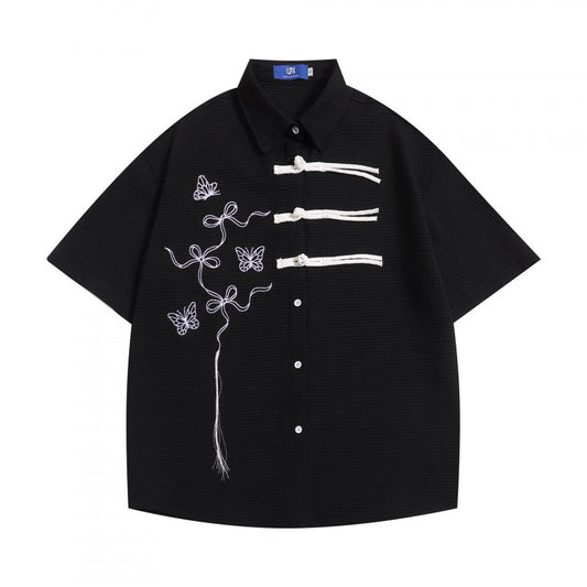 China Button Waffle Shirt BLACK