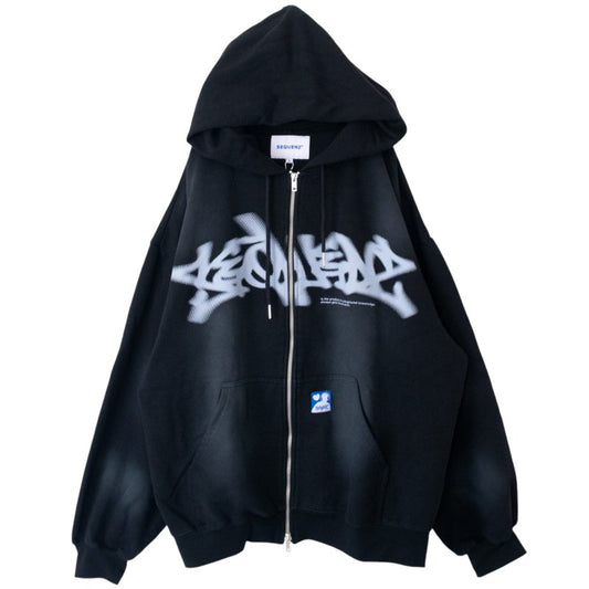 SEQUENZ FADE ZIP P/K /フルジップ オーバーサイズ ヴィンテージライク センターロゴ 裏起毛 BLACK