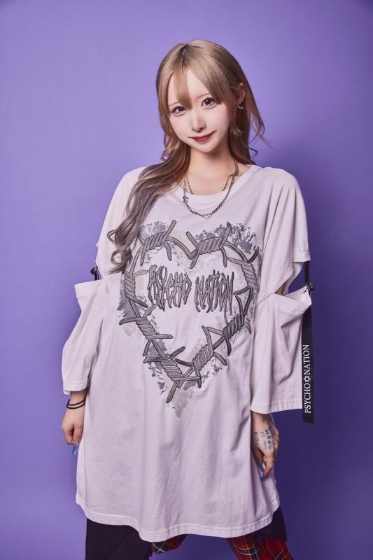 PSYCHO NATION サイコネーション ハートモチーフグラフィック カッティングショルダー テープデザイン 半袖 Tシャツ WHITE
