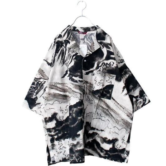 Kaya White Wave Men's Open-Collar Shirt, Black Sumi
