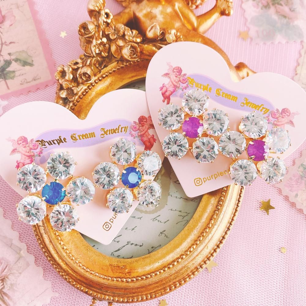 Purple Cream P866 ビジュー フラワー ピアス